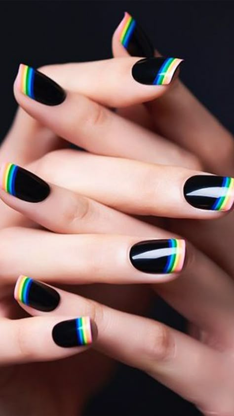 Whether male, female, cis, queer, or gender fluid, these rainbow nail designs are a chance to explore a world of color.   #PRIDE French Pedicure, New Nail Art Design, Nails Yellow, French Manicure Nails, Pedicure Designs, Black Nail Art, French Nail Art, Black Nail Designs, Super Nails