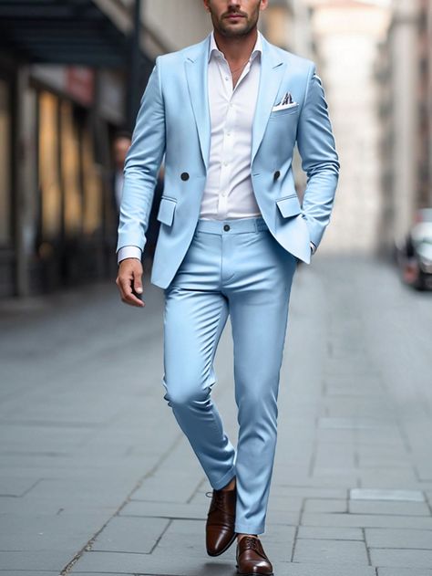 2pcs Men Plain Collarless Button Front Long Sleeve Top & Pants, Casual Business Suit Set Blue Casual    Colorblock,Plain,All Over Print  Non-Stretch  Men Clothing, size features are:Bust: ,Length: ,Sleeve Length: Blue Groomsmen Suits, Blue Groomsmen, Light Blue Suit, Groomsmen Suits, Traje Casual, Pink Suit, Slim Fit Blazers, Single Button Blazer, Business Suit