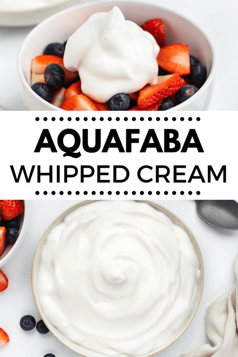 Easily turn the liquid from canned chickpeas into a sweet, fluffy vegan whipped topping with this easy Aquafaba Whipped Cream recipe! Aquafaba Whipped Cream, Vegan Cool Whip, Aquafaba Recipes, Microwave Dessert, Whipped Cream Recipe, Vegan Hot Chocolate, Vegan Whipped Cream, Vegan Egg, Recipes With Whipping Cream