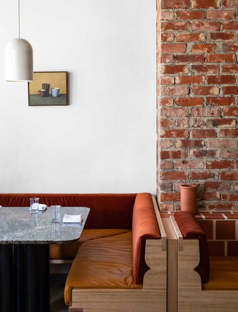 Week of April 6, 2020 - Sight Unseen Cafe Interiors, Green Pendant Light, Simple Complex, Restaurant Logo, Nyc Design, Banquette Seating, Hospitality Design, Cafe Interior, Banquette