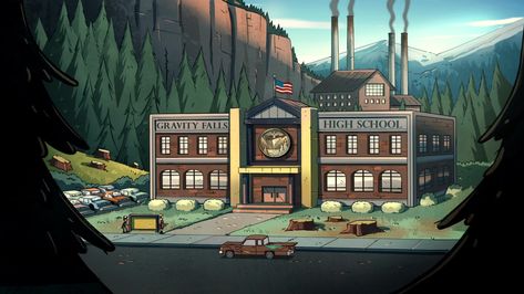 Gravity Falls High School is a school located in Gravity Falls, Oregon. The school is first seen in "TV Shorts 2." Sheriff Blubs and Deputy Durland film their show in the gym, only to have their car and uniforms stolen during filming. Gravity Falls Town, Gravity Falls Wiki, Dipper And Mabel, Bg Design, Gravity Falls Art, Fall Background, Cartoon Background, Animation Background, School College