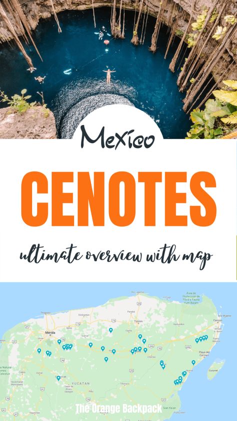 How to find the best cenote?  These underground lakes are unique natural phenomena with beautiful blue water, a fascinating ecosystem and magical atmosphere. We found it difficult to choose between all the cenotes in the Yucatan peninsula, but can now tell you exactly how to make that choice. We collected all popular cenotes that we could find on a map. #cenotes #mexico #yucatan #bucketlist Cozumel Mexico Map, Tulum Map, Yucatan Cenotes, Cenotes Yucatan, Cenotes Mexico, Mexico Bucket List, Colorful Cities, Orange Backpack, Backpacking Guide