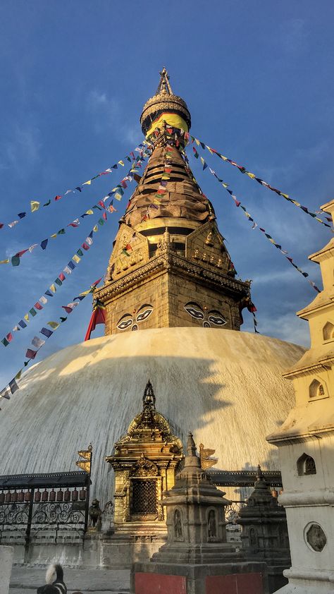 Swayambhu (स्वयम्भू स्तूप Nepal Bhasa: स्वयंभू; is an ancient religious architecture atop a hill in the Kathmandu Valley, west of Kathmandu city. The Tibetan name for the site means 'Sublime Trees' for the many varieties of trees found on the hill. Nepal Architecture, Kathmandu City, Kathmandu Valley, Religious Architecture, Hindu Temple, Watch Tower, Buddhist Temple, A Hill, Buddhist Art