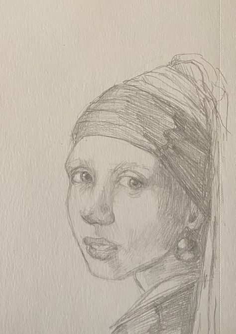 Girl With Pearl Earring study The Girl With The Pearl Earring Drawing, Girl With The Pearl Earring, Girl With Pearl Earring, Prismacolor Art, Real Pearl Earrings, Semi Realism, White Pencil, Pearl Earring, The Pearl