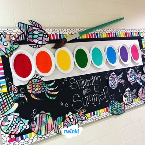 Summer Display, Elementary Art Classroom, Art Bulletin Boards, School Decoration, Fish Template, Art Classroom Decor, Classroom Board, Summer Swimming, School Displays