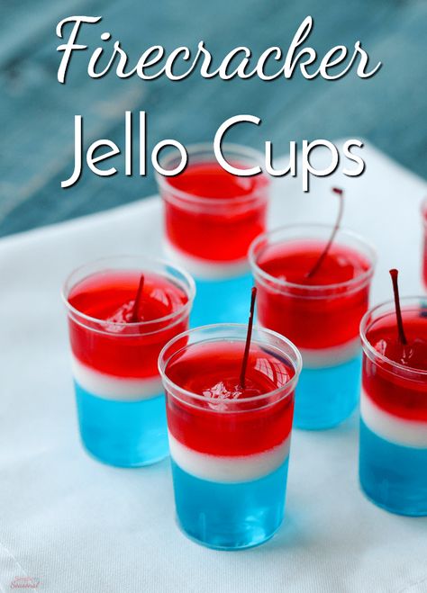 Perfect for 4th of July or Memorial Day celebrations, these Firecracker Jello Cups are a delicious pop of color on the party table! via @nmburk Chocolate Chip Dip, Luau Food, Jello Cups, Blue Jello, Jello Shot Recipes, Patriotic Food, Patriotic Desserts, Blue Desserts, Fourth Of July Food