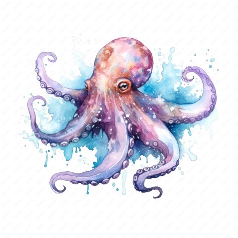 Watercolour Octopus, Octopus Swimming, Octopus Clipart, Watercolor Octopus, Octopus Watercolor, Beach House Getaway, Seafood Art, Octopus Illustration, Ocean Octopus