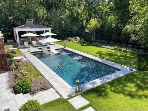 Pool Surrounded By Trees, Pool With Shed, Patios Ideas Backyard, Hampton Pool, Hamptons Pool, Ideas Backyard Patio, Patios Ideas, Country Pool, Rectangle Pool