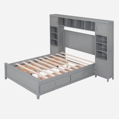 A full-size wooden bed with an all-in-one cabinet and shelf will be the perfect touch for your bedroom. There are 10 shelf cubes and 4 cabinets designed at the side of the headboard, you can put whatever you want into them. 4 drawers under the bed can be slid in and out very smoothly, which takes full advantage of the space under the bed. The high-quality wood and hardware ensure not only stability but also the good-looking of the bed. Color: Gray | Red Barrel Studio® Miriya Full / Double Solid Modern Wooden Bed, Double Bed With Storage, Upholstered Storage Bed, Bookcase Bed, Full Size Platform Bed, Wooden Platform Bed, Solid Wood Platform Bed, Solid Wood Bed, Wood Platform Bed