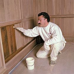 Wood Finishing, Wood Bleach - PaintPRO // How To bleach wood paneling Bleach Wood Paneling, Restaining Wood Paneled Walls, Bleached Wood Paneling, Bleaching Wood Paneling, Lighten Wood Paneling, How To Lighten Wood Paneling, 60s Ranch, Wood Bleach, Grey Kitchen Table