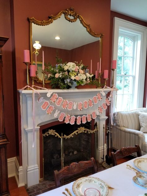 Handmade birthday banner, bunny, pink, fireplace decor, flower attachment. Fireplace Birthday Decor, Pink Fireplace, Some Bunny Is One, Birthday Party Snacks, 15 Birthday, Bunny Pink, Birthday Party Planning, Under The Sea Party, Adult Birthday Party