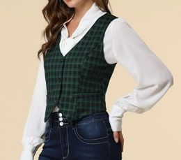 Womens Tailored Suit, Womens Waistcoat, Vest And Pants, Plaid Vest, Sleeveless Jacket, Suit Designs, Suit Vest, Sleeveless Vest, Womens Clothing Sizes