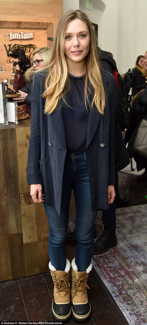 Elizabeth Olsen also rocked Sorel Caribou boots, the same pair as Theresa May, at the Sund... Sorel Tivoli Boots Outfit, Sorel Caribou Boots Outfit, Sorel Outfit, Sorel Womens Boots Outfits, Sorel Out And About Boot Outfit, Elizabeth Olsen Casual, Printed Maxi Dress Indian, Sorrel Boots, Maxi Dress Indian