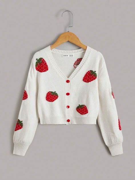 SHEIN Tween Girl Strawberry Pattern Drop Shoulder Cardigan | SHEIN USA Strawberry Cardigan, Strawberry Outfit, Christmas Crochet Pattern, Drop Shoulder Cardigan, 2022 Christmas, Cardigan Casual, Crochet Free, Long Sleeve Pullover Sweater, Outfit Winter