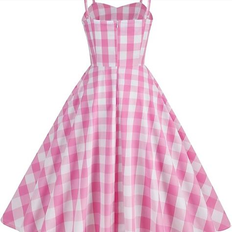 This dress is perfect for fans of the upcoming Barbie 2023 movie, as it features a similar gingham print to the one seen in the film's promotional materials. It is also a great choice for anyone who wants to add a touch of retro style to their wardrobe. Barbie, 2023, dress, gingham, plaid print, knee length, a-line, retro, rockabilly, swing midi dress, birthday party, cocktail evening, dance gown, petticoat, puffy, fluffy, elegant, charming, lady, party, woman, fabric, soft, comfortable Barbie 2023 Movie, Margot Robbie Dress, Vintage Plaid Dress, 2023 Dress, Barbie 2023, Plaid Dress Vintage, Barbie Outfits, Promotional Materials, Cocktail Party Dresses