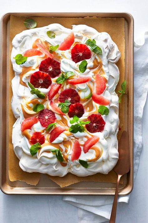 Sheet Pan Pavlova With Grapefruit and Blood Orange Curd Sheet Pan Desserts, Meringue Ideas, Cake Pavlova, Blood Orange Curd, Pan Desserts, Orange Curd, Baked Meringue, Pavlova Cake, Pavlova Recipe