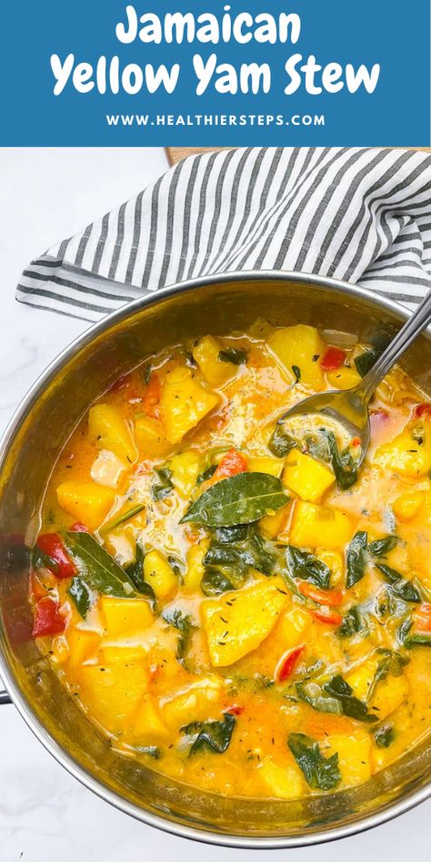 If you are looking for a new, exciting, delicious stew recipe, look no further than this Jamaican Yellow Yam Stew. I use hearty Jamaican yams in a coconut milk based broth for a perfect dinner. Vegan Spinach Soup, Jamaican Soup, Yam Recipe, Jamaican Stew Peas, Yam Recipes, Yellow Yam, Corn Soup Recipes, Vegan Pumpkin Soup, Yams Recipe