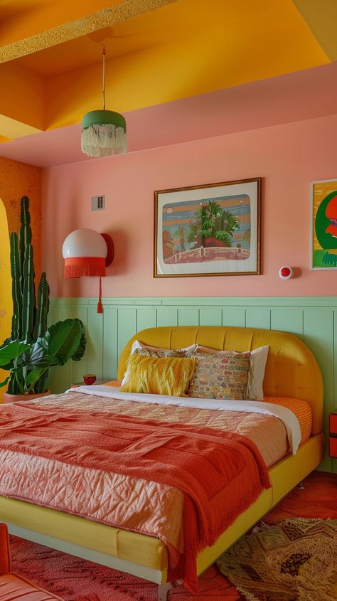 If I Designed a Cheap Motel — Living Bright Interiors Bright Maximalist Decor Bedroom, Queer Bedrooms, Wallpaper Room Bedrooms, Colourful Bedroom Aesthetic, Colorful Home Aesthetic, Bedroom Ideas Bright, Eclectic Maximalism Bedroom, Pop Of Color Bedroom, Bedroom Ideas Colorful