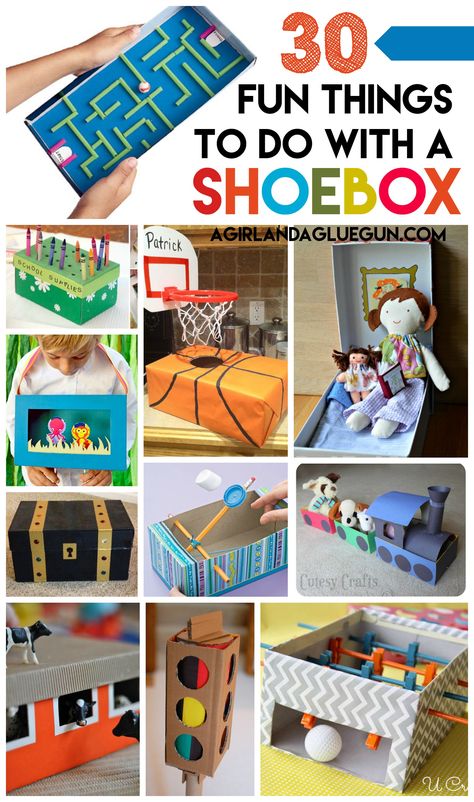 30 fun things for kids to do with a shoe box! Fun Things For Kids, Diy With Kids, Shoe Box Crafts, Kraf Kertas, Box Crafts, Cardboard Box Crafts, Things For Kids, Diy Bebe, Crafts For Boys