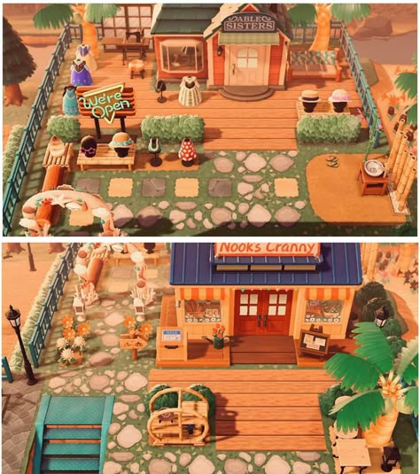 Animal Crossing Tailor Shop, Acnh Able Sisters And Nooks Cranny Store Ideas, Tailor Shop Acnh Ideas, Nooks Cranny And Tailor Shop Ideas Acnh, Acnh Tailors Shop Exterior, Animal Crossing Tailor Shop Ideas, Animal Crossing Nooks Cranny Layout, Acnh Able Sisters Store Ideas, Acnh Tailors Shop Ideas