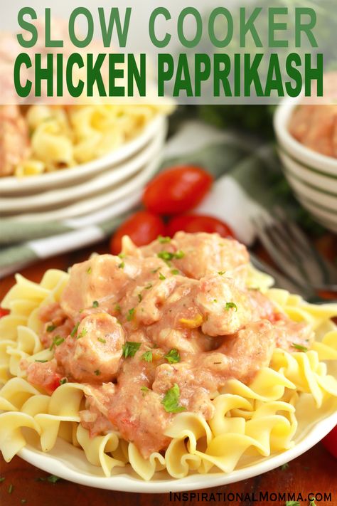 Slow cooker chicken paprikash takes the classic Hungarian dish of paprika chicken and makes it super easy with the slow cooker! #inspirationalmomma #slowcookerchickenpaprikash #crockpotchickenpaprikash #chickenpaprikash via @inspiremomma Chicken Popercosh, Chicken Paprikash Slow Cooker, Hungarian Chicken, Chicken Paprikash, Paprika Chicken, Hearty Chicken, Creamy Tomato Sauce, White Meat, Trim Healthy