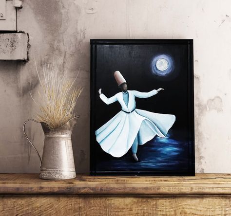 Whirling Dervish Painting, Dervish Painting, Sufi Art, Whirling Dervish, Painting Canvases, Wood Acrylic, White Turquoise, Material Wood, Islamic Art