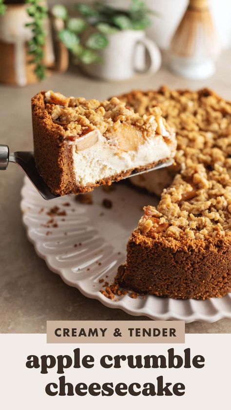 This apple crumble cheesecake is made with a biscoff cookie crust, creamy spiced cheesecake topped with tender cinnamon apples, and a crumble topping. It's the perfect rich and delicious Fall cheesecake! Spiced Cheesecake, Biscoff Crust, Fall Cheesecake, Apple Crumble Cheesecake, Crumble Cheesecake, Chai Recipe, Cooked Apples, Cheesecake Desserts, Cookie Crust