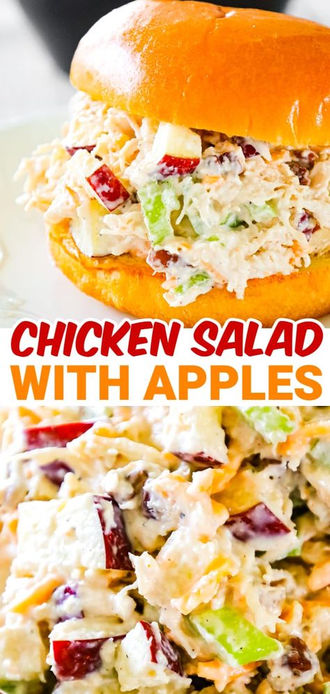 Chicken Salad with Apples is tasty lunch or dinner recipe using shredded rotisserie chicken and loaded with mayo, celery, diced apples, pecans and shredded cheddar. Chicken Salad Made With Rotisserie Chicken, Roterssie Chicken Salad Recipes, Apple Chicken Salad Sandwich, Salad With Lunch Meat, Chicken Salad Sandwich With Apples, Chicken Salad With Apples And Celery, Apple Chicken Sandwich, Chicken Salad Recipe Sweet, Loaded Chicken Salad Recipe