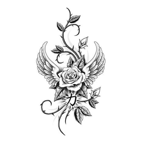 Angel And Rose Tattoo Designs, Angel Wing With Flower Tattoo, Rose Tattoo With Angel Wings, Angel Wings And Roses Tattoo, Flower Angel Tattoo, Angel Flower Tattoo, Rose And Angel Wing Tattoo, Wings With Flowers Tattoo, Rose Angel Tattoo