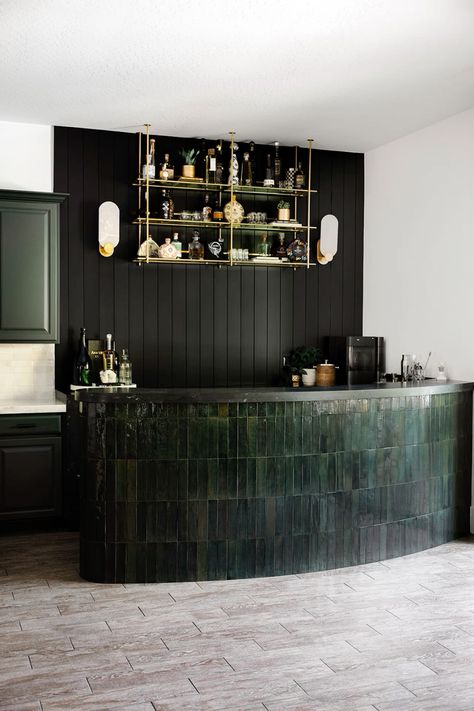 Easy home bar Unique home bar Fancy home bar Full home bar Green tile Moody home bar Aesthetic home bar Moody At Home Bar, Speakeasy Basement Ideas Home Bars, Dark Green Bar Room, Dark Moody Bar, Dark And Moody Basement Bar, Moody Home Bar, Moody Bar Backsplash, Dark Green Moody Bar, Home Bar Dark Aesthetic