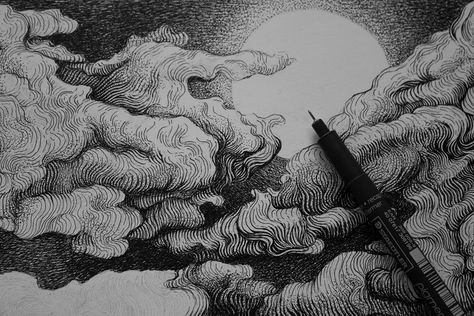 cloudy night sky illustration Ink Sky Drawing, Sky Pen Drawing, Night Sky Pen Drawing, Night Ink Drawing, Sky Ink Drawing, Night Sky Ink Drawing, Night Sky Pencil Drawing, Night Sky Sketch Pencil, Sky Sketch Pencil