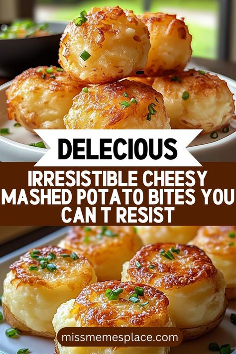 Indulge in these Irresistible Cheesy Mashed Potato Bites that are perfect for any occasion! Combining creamy mashed potatoes with ooey-gooey cheese, these bites are baked until golden brown and crispy. Ideal for snacking or serving alongside your favorite main dishes, they cater to all taste buds. Customize them with your choice of cheese or add in some herbs for an extra flavor kick. Once you try these cheesy delights, they'll quickly become a staple in your kitchen! Potato Cream Cheese Recipes, Mash Potato Appetizer, Cheesy Russet Potato Recipes, Recipes That Use Mashed Potatoes, What To Eat With Mashed Potatoes, Recipes Using Mashed Potatoes, Pureed Food Recipes For Adults, Meals With Mashed Potatoes, Mash Potato Recipes