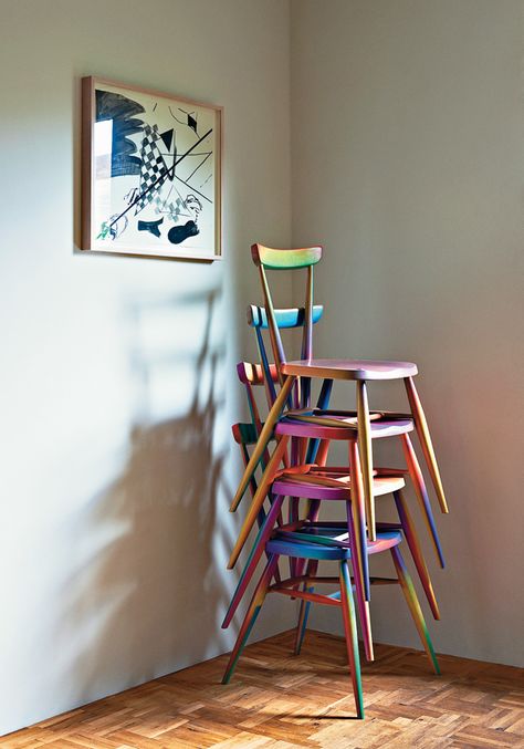 Ercol chairs recolored by Martino Gamper. Rainbow Chair, Colourful Chairs, Rainbow Chairs, Ercol Chair, Ercol Furniture, Trendy Apartment, Love Chair, Painted Kitchen, Harvest Table