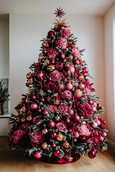 Pink Christmas Tree With Ribbon, Peppermint And Gold Christmas Tree, Gold Rose Gold Christmas Tree, Pink Chirstmas Tree, Pink Red And Blue Christmas Tree, Pink Xmas Tree Decorations, Christmas Tree With Roses Decoration, Red Pink Gold Christmas Tree, Pink And Red Ornaments Christmas Tree