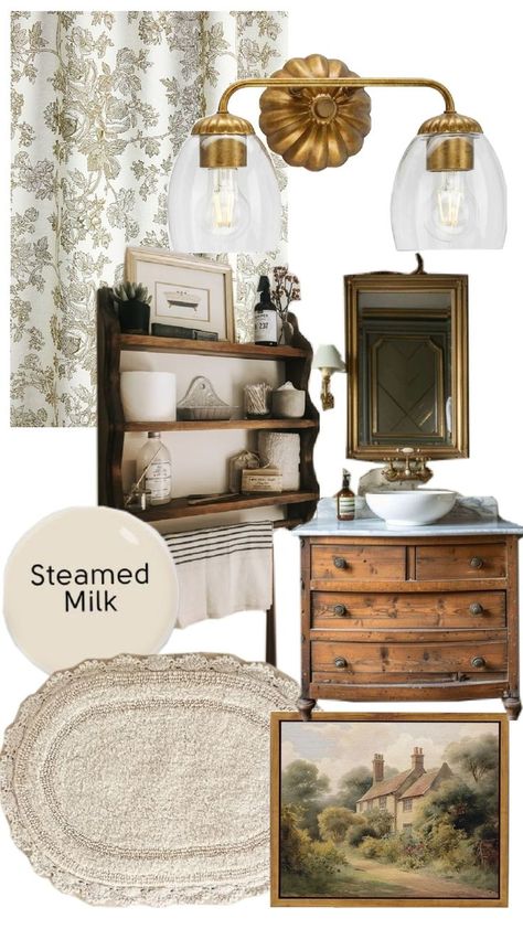 Victorian Farmhouse Cottagecore Bathroom Inspiration Farmhouse Shower Room, Antique Guest Bathroom Ideas, Grand Millennial Small Bathroom, Master Bath Cottage, Bathroom Modern Vintage, Cottagecore Farmhouse Bathroom, Vintage Farmhouse Powder Room, Yellow Cottage Bathroom, Cottage Bathroom Mood Board