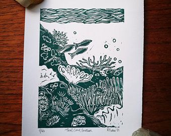 Original Lino Prints inspired by nature by RosPrints on Etsy Coral Reef Linocut, Coral Lino Print, Beach Lino Print, Lino Print Art, Lino Art Ideas, Printmaking Designs, Lino Cuts, Lino Printing, Gcse Art Sketchbook