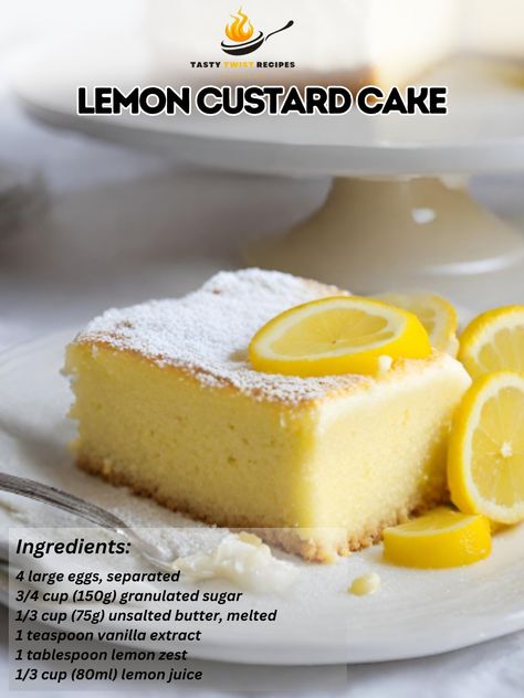 Lemon Custard Cake is a delightful dessert that combines the light texture of a sponge cake with the creamy richness of lemon custard. This cake is perfect for those who love the bright, tangy flavor of lemons in a sweet treat. The custard magically forms a separate layer during baking, creating a two-in-one experience. Here’s how to make it: Lemon Custard Cake Recipe 🍋🍰 Indulge in the light and zesty flavor of this cake, where sponge meets custard in every bite. Ingredients: For the Cake... Lemon Custard Cake, Magic Custard Cake, Custard Cake Recipes, Lemon Custard, Instagram Recipes, Twisted Recipes, Custard Cake, Trending Recipes, Sponge Cake