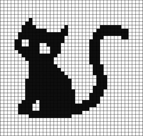 A pixel art template of a cat's silhouette (shape of entire body, sat down looking at you). Pixel Art Silhouette, Pixel Black Cat, Cat Alpha Pattern, Black And White Pixel Art, Cat Pixel Art, Melted Bead Crafts, Easy Pixel Art, Pixel Crochet, Graph Paper Art