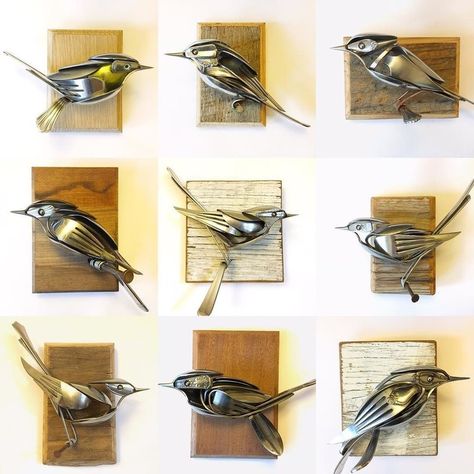 A whole flock of cutlery birds. Metal Sculpture Artists, Cutlery Art, Silverware Art, Spoon Art, Welding Art Projects, Metal Tree Wall Art, Metal Welding, Sculpture Metal, Metal Birds