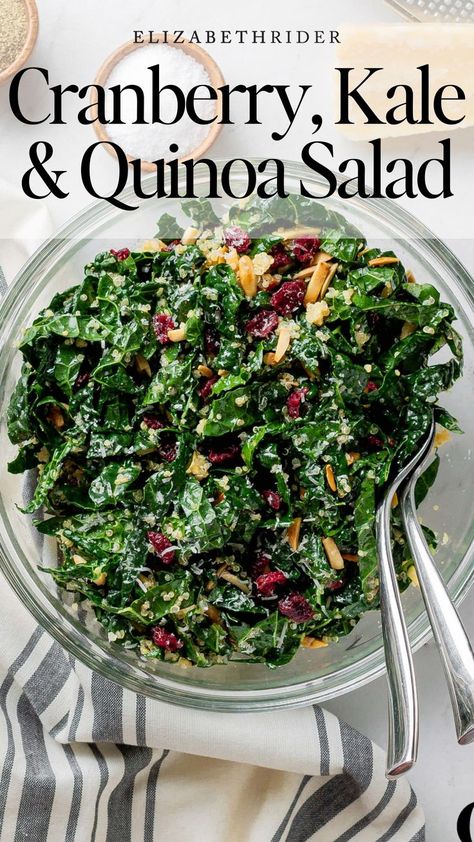 This Cranberry, Kale & Quinoa Salad makes the perfect side to entertain with any time of the year!It’s also great as a weeknight dinner.The brightness of the lemon juice paired with the sweet and tangy cranberries and hearty kale make for a wonderful dish. Just make sure you massage the kale—yes, massage it!—more on that below.#CranberryKaleQuinoaSaladRecipe #SuperfoodSalad #QuinoaSaladWithCranberriesAndKale #HealthyCranberryKaleSalad #CranberryKaleSaladWithQuinoa Harvest Quinoa Bowl, Fall Quinoa, Kale Quinoa, Kale Quinoa Salad, Superfood Salad, Light Salad, Toasted Pumpkin Seeds, Quinoa Bowl, Big Meals