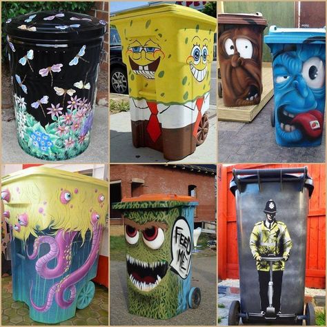 Painted Trash Cans, Wheelie Bin Stickers, Beach Signs Wooden, Creative Garden Decor, Recycle Crafts Diy, Graffiti Pictures, Tiki Decor, Diy Patio Decor, Trash Art