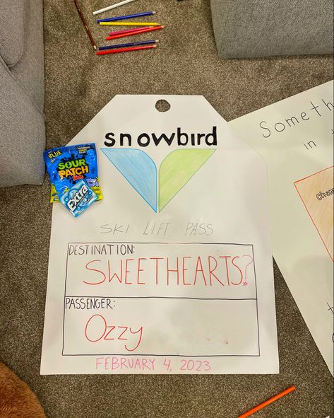 Skiing Hoco Proposals, Cute Sweethearts Dance Proposal, Winter Ball Asking Ideas, Winter Dance Proposal Ideas, Dance Asking Poster Ideas, Winters Posters Dance, Sweethearts Dance Poster Ideas, Winter Dance Poster Ideas, Sweethearts Proposal Ideas