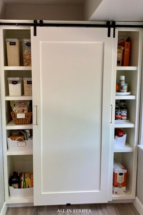 pantry makeover Pantry Closet With Sliding Doors, Pantry With Door To Outside, Sliding Door On Pantry, Sliding Pantry Cabinet, Kitchen Pantry Sliding Door, Sliding Pantry Doors Double, Barn Door Pantry Cabinet, Kitchen Pantry With Sliding Doors, Convert Pantry Closet To Cabinets