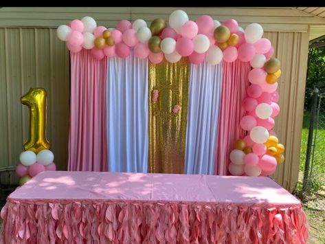 Pink And Gold Backdrop, Pink Gold And White Backdrop, Foil Curtain Backdrop Ideas Birthday, Gold And White Curtains, Balloons And Streamers Backdrop Pink Theme, Pink Curtain Back Drop For Baby Shower, Baby Shower Backdrop Pink And Gold, Princess Theme Backdrop Pink And Gold, Tablecloth Backdrop