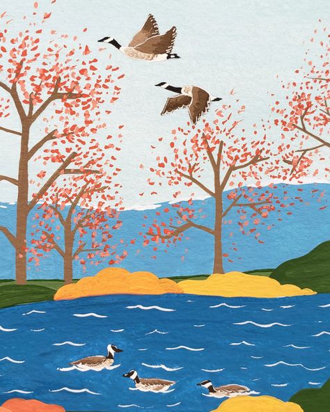 Wild geese flying high... 🍂 #illustration #illustrationartists #natureart #artistsoninstagram #artinspiration #natureinspiration #nature #countryside #autumn #fall #painting #acrylagouache #gracemartellart #landscape #landscapepainting #colorfulart #cozyillustration #whimsicalillustration #childrensillustration #autumnillustration #autumnleaves High Illustration, Nature Countryside, Geese Flying, Wild Geese, Autumn Illustration, Flying High, Whimsical Illustration, Illustration Artists, Childrens Illustrations