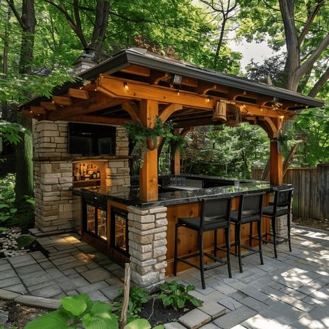 7 Relaxing Backyard Bar Ideas Backyard Bars With Roof, Pergola With Bar, Outside Bar Ideas, Cabana Ideas Backyard, Outdoor Bar Ideas Backyards, Backyard Bar Ideas, Portable Outdoor Bar, Outdoor Bar Patio, Backyard Bar Shed