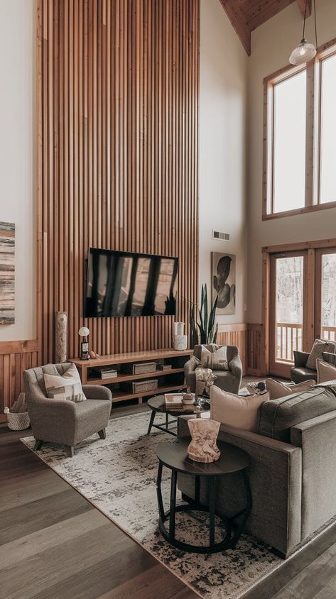 Warning: These 17+ TV Wall Designs Will Make You Redo Your Entire Living Room! Tv Wall Design Rustic Modern, Tv Wall Design Rustic, Vaulted Tv Wall Ideas, 2 Story Living Room Tv Wall Ideas, Wood Panel Behind Tv, Tv Focal Point Living Room, Wood Behind Tv On Wall, Panel Behind Tv, Farmhouse Tv Wall Decor