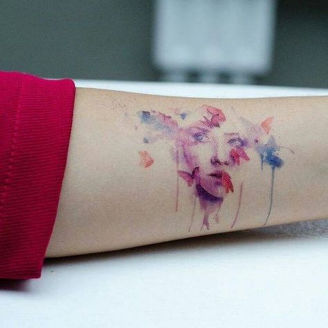 pink-female-face-blue-pink-orange-purple-butterflies-forearm-watercolor-tattoo Tato Maori, Model Tattoos, Watercolour Tattoos, Sick Tattoo, Watercolor Tattoos, Ink Master, Maori Tattoo, Face Tattoo, Tattoo Love