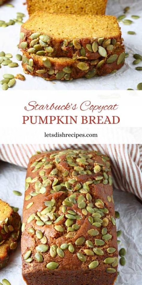 Copycat Starbucks Pumpkin Bread Recipe -- Craving Starbucks pumpkin bread but want to make it at home? This easy recipe gives you all the same fall flavors. With a moist pumpkin base and a crunchy, maple-glazed pepita topping, this bread is perfect for breakfast or a sweet snack. Pumpkin Bread With Pecan Topping, Starbucks Copycat Pumpkin Bread, Martha Stewart Pumpkin Bread, Maple Pumpkin Bread, Copycat Starbucks Pumpkin Bread, Can Pumpkin Recipes, Starbucks Gingerbread Loaf, Starbucks Pumpkin Bread Recipe, Pumpkin Bread Starbucks