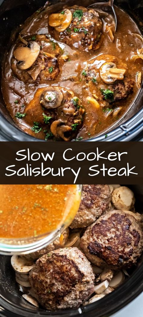 If you don’t know what Salisbury Steak is, you’re in for a treat! Slow cooker Salisbury Steak is tender and juicy ground beef patties slow cooked in the most delicious creamy gravy flavored with mushrooms and sliced onion that just melt in your mouth! Slow Cooker Salisbury Steak With Gravy, Crock Pot Salisbury Steak Recipe, Slow Cooker Salsberry Steak Recipe, Saulsberry Steak Recipes Crock Pot, Salsberry Steak Crockpot, Salberysteak Recipe Crockpot, Slow Cooker Salisbury Steaks, Crock Pot Salisbury Steak Easy, Crockpot Recipes Salisbury Steak